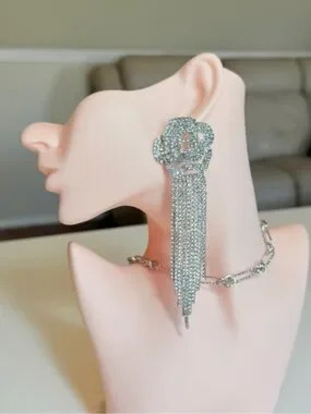 Rhinestone Silver Floral Tassel Statement Earrings